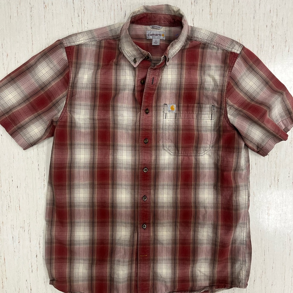 Carhartt Men's Relaxed Fit Shirt Size L Red Ivory Plaid Button Down Short Sleeve